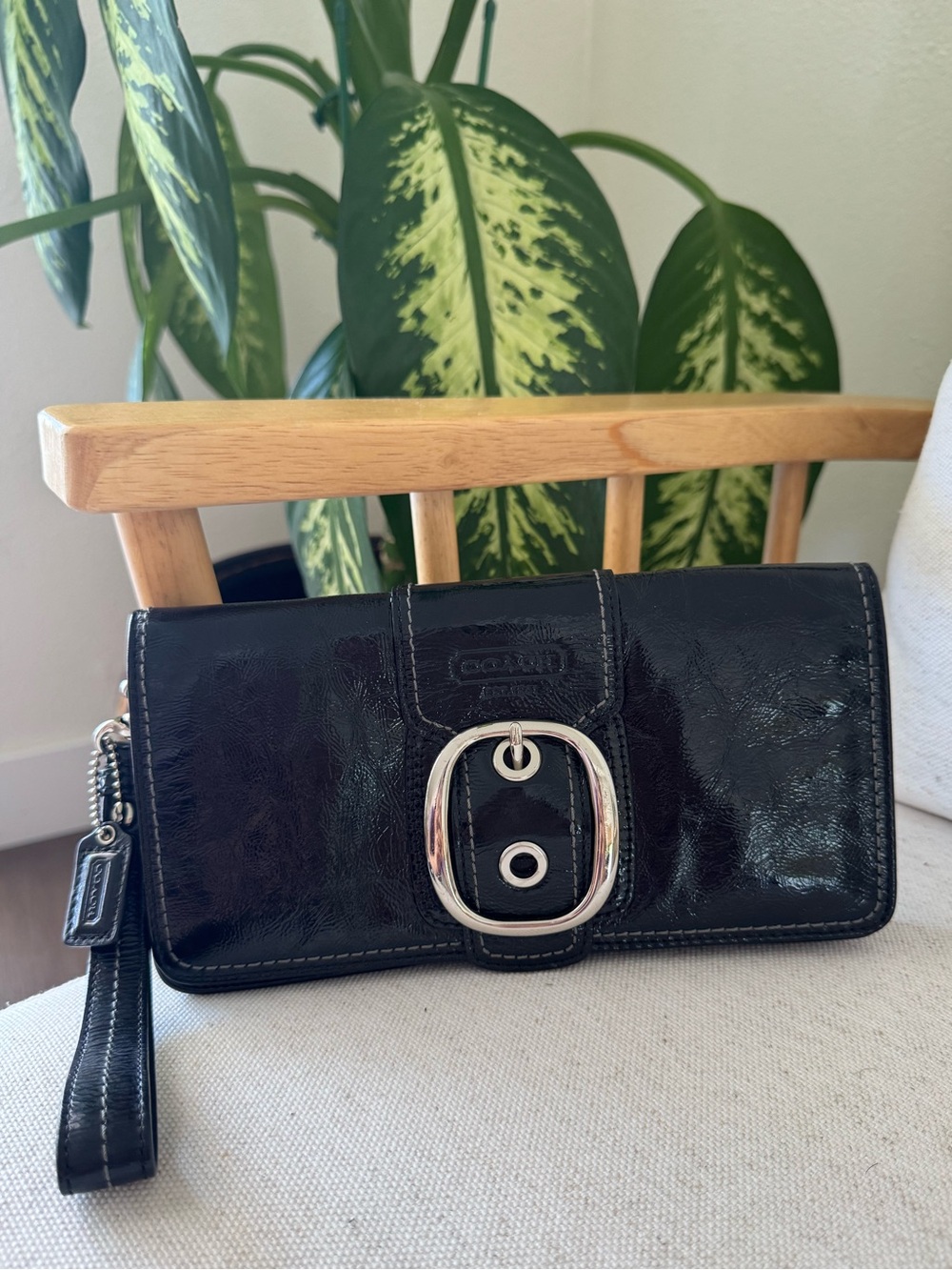 Coach Black Glossy Patent Leather Clutch Wristlet Wallet Silver Buckle Accent